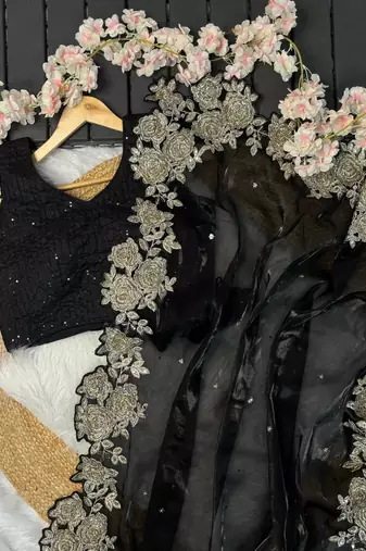 Black Color Jimmy Choo Floral Hand Embroidery Saree