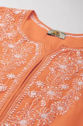 Hand embroidered rust cotton lucknow chikan straight kurta