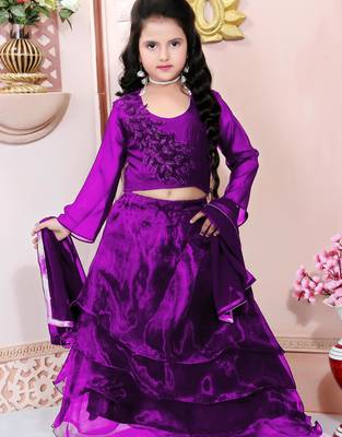 Purple embroidered cotton silk a line lehenga choli dupatta 1