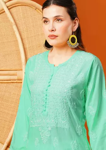 Hand embroidered sea green cotton lucknowi chikankari straight kurta