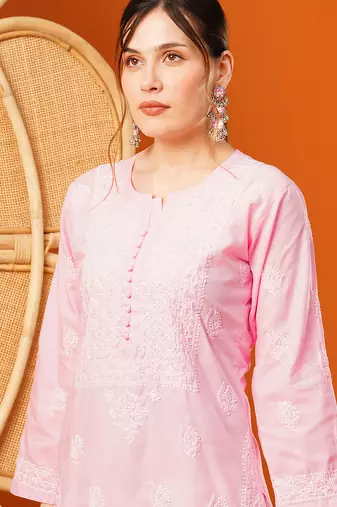 Hand embroidered pink cotton lucknowi chikankari straight kurta
