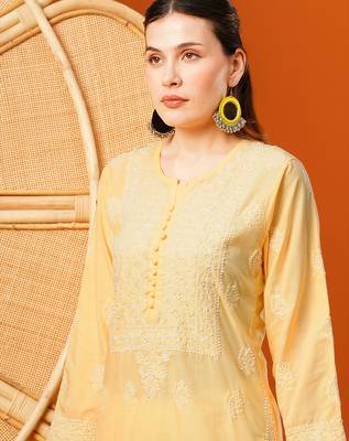 Hand embroidered yellow cotton lucknowi chikankari straight kurta 6