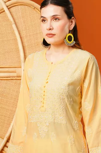 Hand embroidered yellow cotton lucknowi chikankari straight kurta