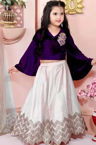 Purple embroidered velvet a line lehenga choli dupatta