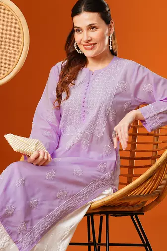Hand embroidered lavender cotton lucknowi chikankari straight kurta