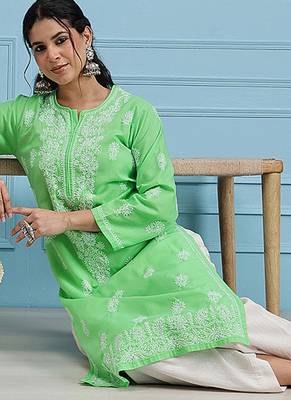 Hand embroidered green cotton lucknowi chikankari straight kurta 6