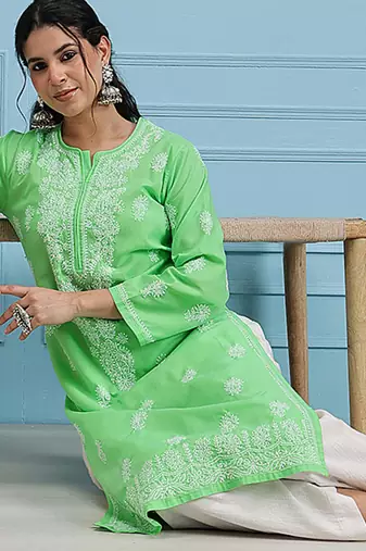 Hand embroidered green cotton lucknowi chikankari straight kurta