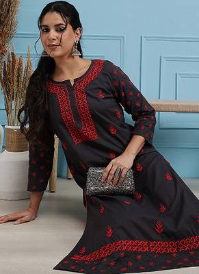 Hand embroidered grey cotton lucknowi chikankari straight kurta 6