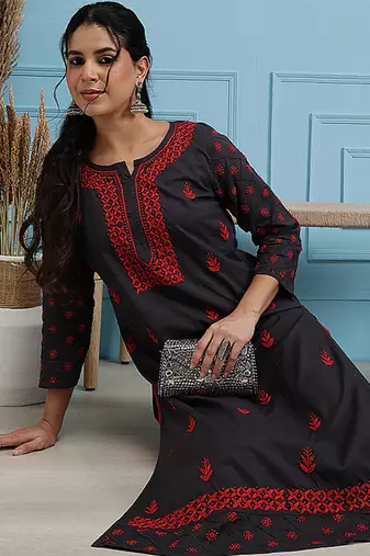 Hand embroidered grey cotton lucknowi chikankari straight kurta