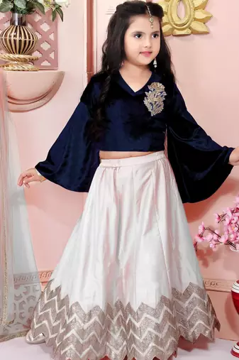 Navy blue embroidered velvet a line lehenga choli dupatta