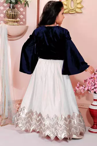 Navy blue embroidered velvet a line lehenga choli dupatta
