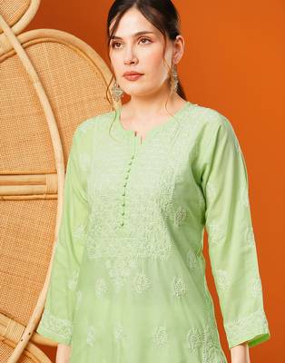 Hand embroidered green cotton lucknowi chikankari straight kurta 6