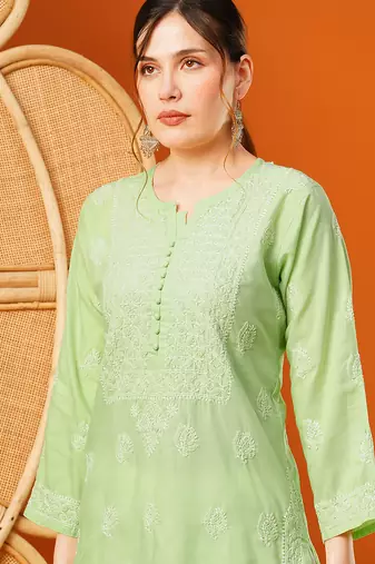 Hand embroidered green cotton lucknowi chikankari straight kurta