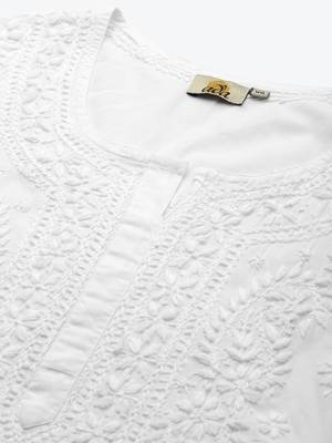 Hand embroidered white cotton lucknowi chikankari straight kurta 6