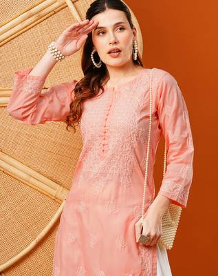 Hand embroidered peach cotton lucknowi chikankari straight kurta 6