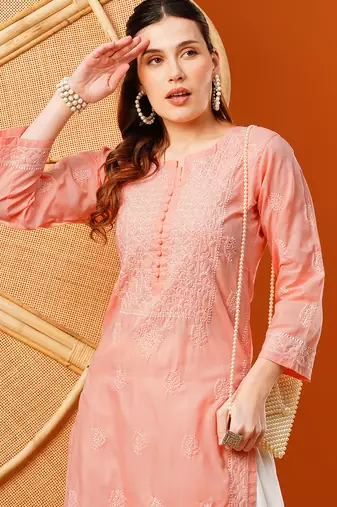 Hand embroidered peach cotton lucknowi chikankari straight kurta