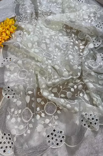 Off White Color Organza Floral Saree