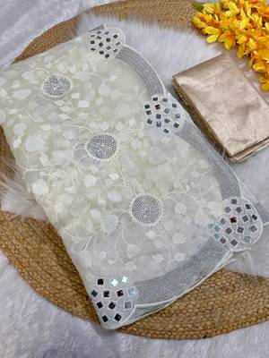 Off White Color Organza Floral Saree 4