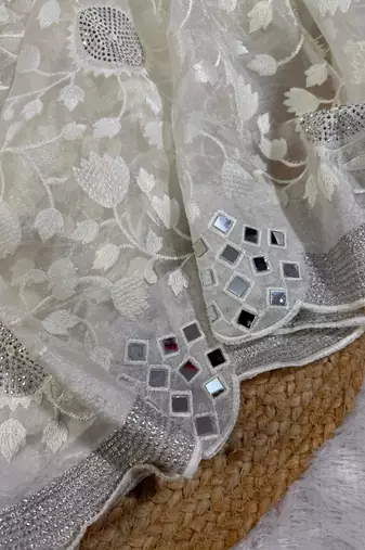 Off White Color Organza Floral Saree
