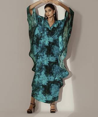 Blue crepe printed kaftan 1