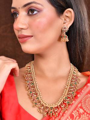 Classical temple gold plated beads studded long necklace set with jhumke earring 1