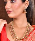 Classical temple gold plated beads studded long necklace set with jhumke earring