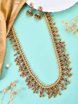 Classical temple gold plated beads studded long necklace set with jhumke earring 2