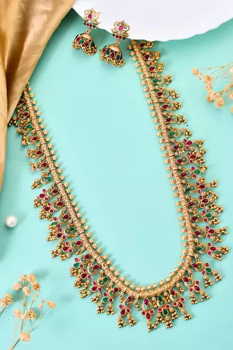 Classical temple gold plated beads studded long necklace set with jhumke earring