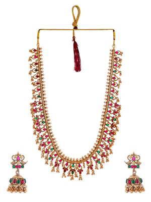 Classical temple gold plated beads studded long necklace set with jhumke earring 3