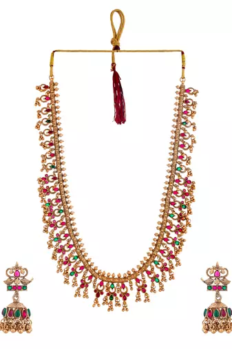 Classical temple gold plated beads studded long necklace set with jhumke earring