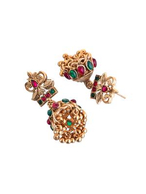Classical temple gold plated beads studded long necklace set with jhumke earring 4