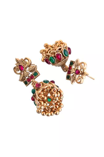 Classical temple gold plated beads studded long necklace set with jhumke earring