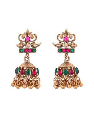 Classical temple gold plated beads studded long necklace set with jhumke earring 5