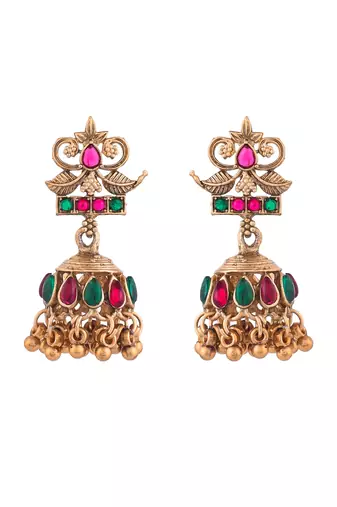 Classical temple gold plated beads studded long necklace set with jhumke earring
