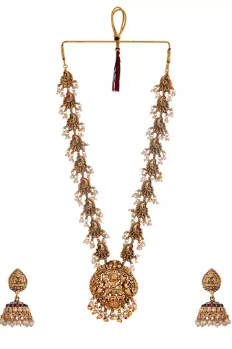 Gold tone beautifully crafted temple necklace with earrings