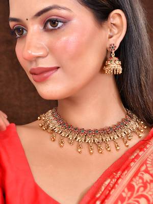 Latest stylish design fancy pearl choker traditional temple necklace jewellery set 1