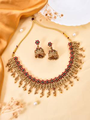 Latest stylish design fancy pearl choker traditional temple necklace jewellery set 2