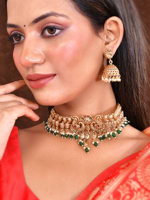 Fancy pearl choker traditional temple necklace jewellery set for women 2