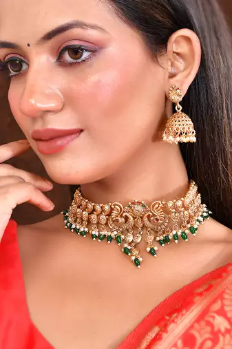 Fancy pearl choker traditional temple necklace jewellery set for women