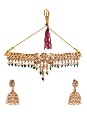 Fancy pearl choker traditional temple necklace jewellery set for women 3