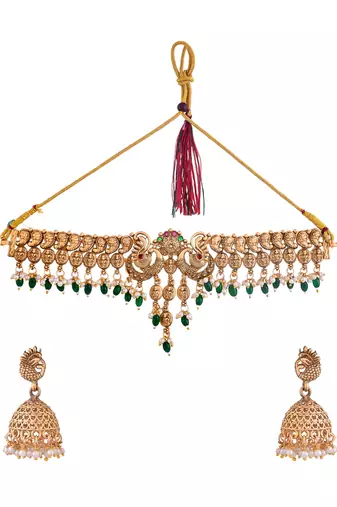 Fancy pearl choker traditional temple necklace jewellery set for women