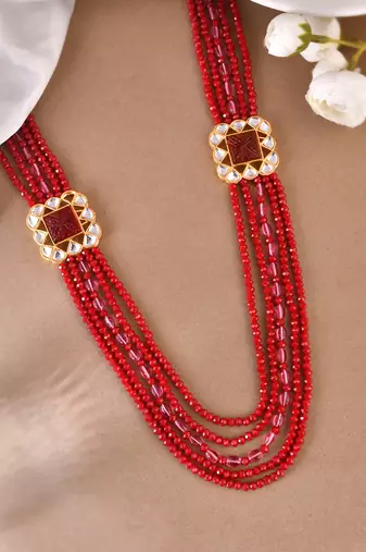 Kundan pendant red bead jewellery set