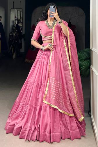 Classic Light Pink Chanderi Traditional Lehenga With Kodi Work Blouse