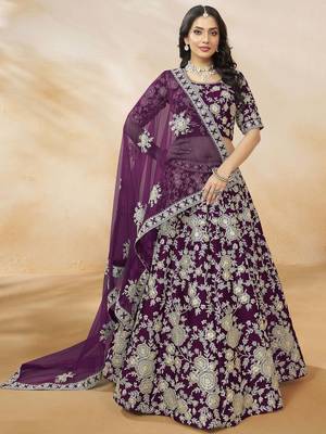 purple sequins work silk lehenga set choli with dupatta 1