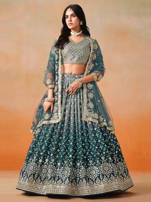 dove blue zari embroidered shaded lehenga set choli with dupatta 1