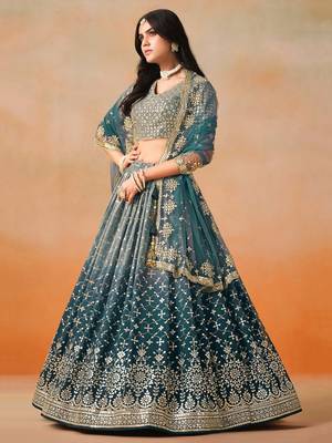 dove blue zari embroidered shaded lehenga set choli with dupatta 2