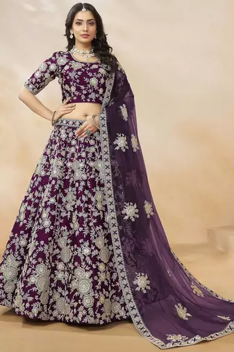purple sequins work silk lehenga set choli with dupatta