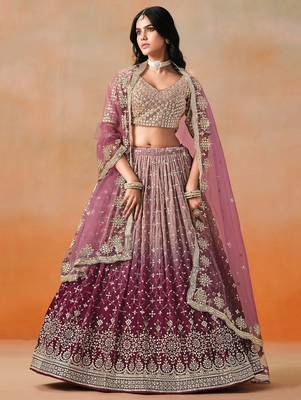 maroon embroidered georgette bridesmaids lehenga set choli with dupatta 1