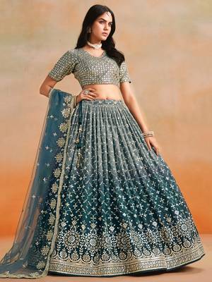 dove blue zari embroidered shaded lehenga set choli with dupatta 3