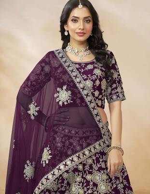 purple sequins work silk lehenga set choli with dupatta 3